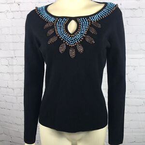 Willi Smith Blk Knit sweater with Beading Sz M EUC